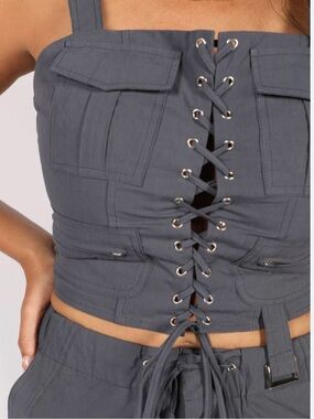 NWT WinWin Slate Blue Lace Up Corset Crop Top Bikercore Grunge S/M